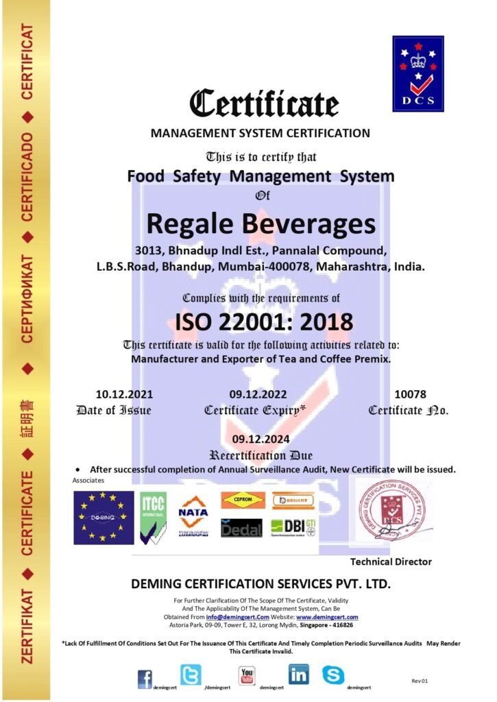 Official DCS Food Safety Management System Certificate issued under ISO 22001:2018 to Regale Beverages in Bhandup, Mumbai, featuring a gold sidebar with multi-language certificate headers, accreditation logos, certificate numbers, and a technical director stamp.