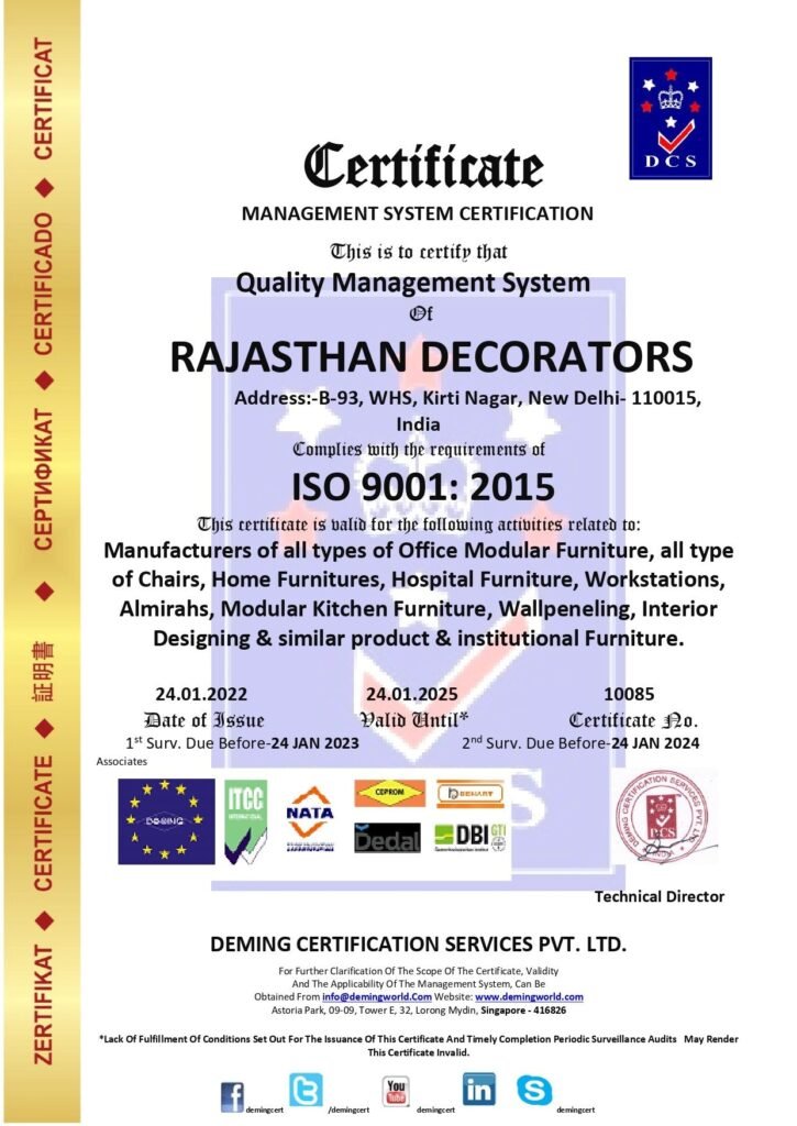 Official DCS Quality Management System Certificate issued under ISO 9001:2015 to Rajasthan Decorators in Kirti Nagar, New Delhi, featuring accreditation partner logos, certificate number 10085, and a technical director validation stamp.