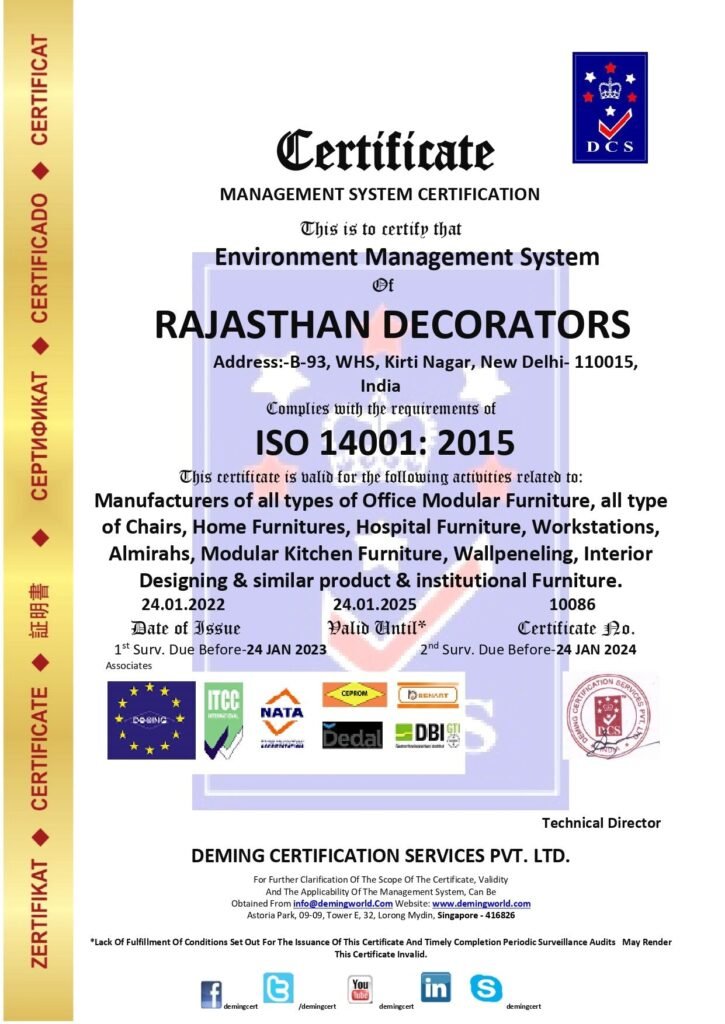 Official DCS Environment Management System Certificate issued under ISO 14001:2015 to Rajasthan Decorators in Kirti Nagar, New Delhi, complete with accreditation partner logos, certificate number 10086, and a technical director signature stamp.
