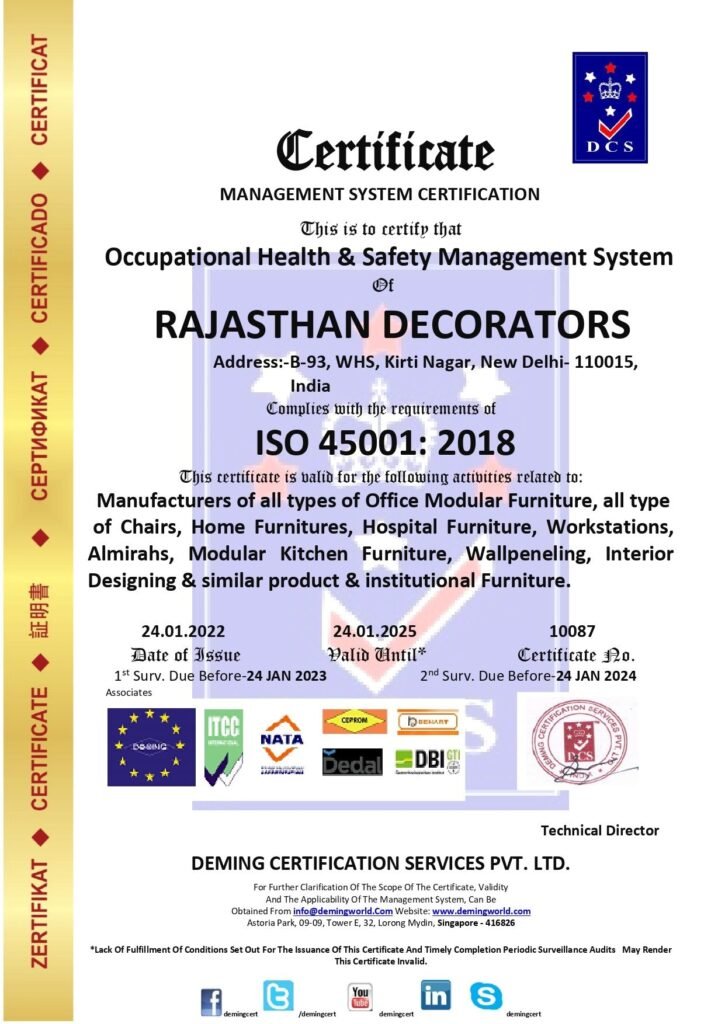 Official DCS Occupational Health & Safety Management System Certificate issued under ISO 45001:2018 to Rajasthan Decorators in Kirti Nagar, New Delhi, complete with accreditation partner logos, certificate number 10087, and a technical director signature stamp.