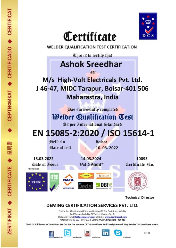 Official DCS Welder Qualification Test Certification document awarded to Ashok Sreedhar of M/s High-Volt Electricals Pvt. Ltd. under EN 15085-2:2020 and ISO 15614-1 standards, showing certificate number 10093, test details, and issuer stamps.
