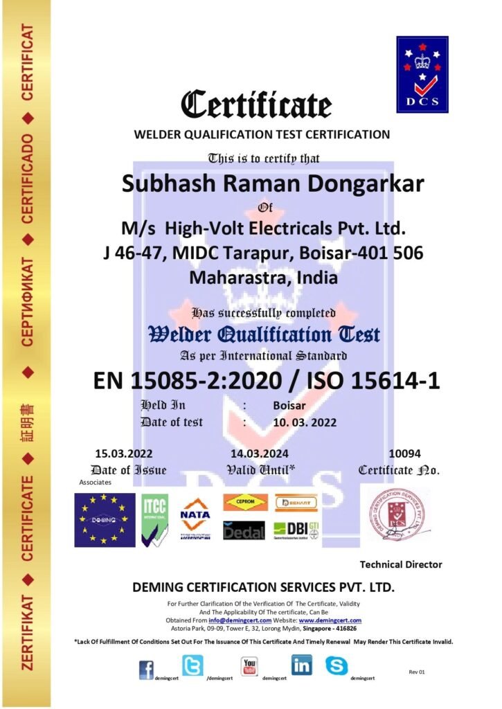 Official DCS Welder Qualification Test Certification document awarded to Subhash Raman Dongarkar of M/s High-Volt Electricals Pvt. Ltd. under EN 15085-2:2020 and ISO 15614-1 standards, showing certificate number 10094, test date, and issuer stamps.
