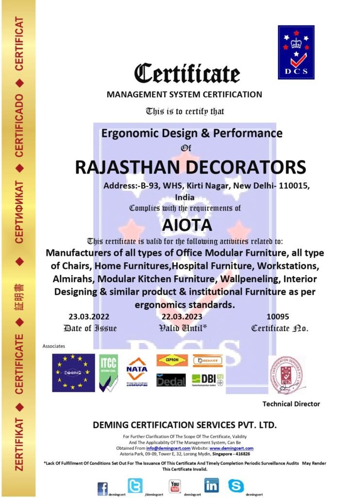 Official DCS Management System Certificate for AIOTA Ergonomic Design & Performance compliance issued to Rajasthan Decorators in Kirti Nagar, New Delhi, complete with accreditation logos, certificate number 10095, and a technical director signature stamp.