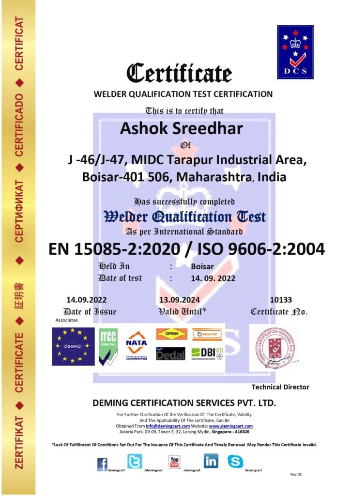 Official DCS Welder Qualification Test Certification document awarded to Ashok Sreedhar of J-46/J-47, MIDC Tarapur Industrial Area, Boisar under EN 15085-2:2020 and ISO 9606-2:2004 standards, showing certificate number 10133, test date, and issuer signatures.
