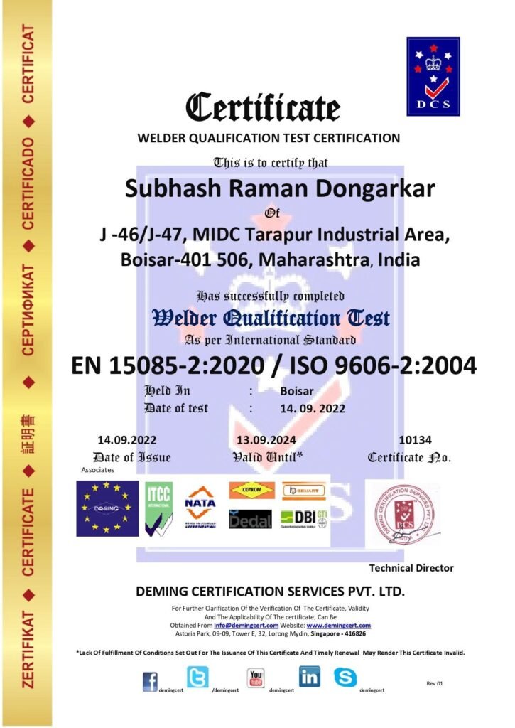 Official DCS Welder Qualification Test Certification document awarded to Subhash Raman Dongarkar of J-46/J-47, MIDC Tarapur Industrial Area, Boisar under EN 15085-2:2020 and ISO 9606-2:2004 standards, showing certificate number 10134, test date 14.09.2022, and issuer signatures.
