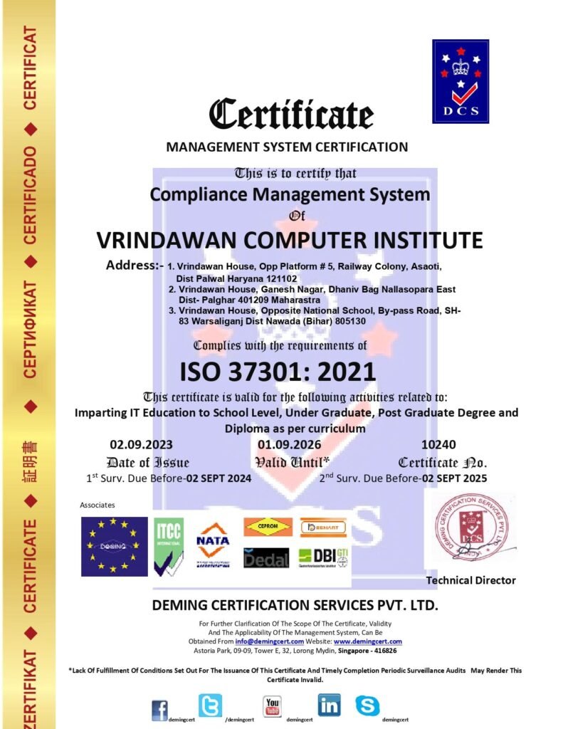 Official DCS Compliance Management System Certificate issued under ISO 37301:2021 to Vrindawan Computer Institute, listing branch addresses in Haryana, Maharashtra, and Bihar, complete with accreditation partner logos, certificate number 10240, and a technical director signature stamp.