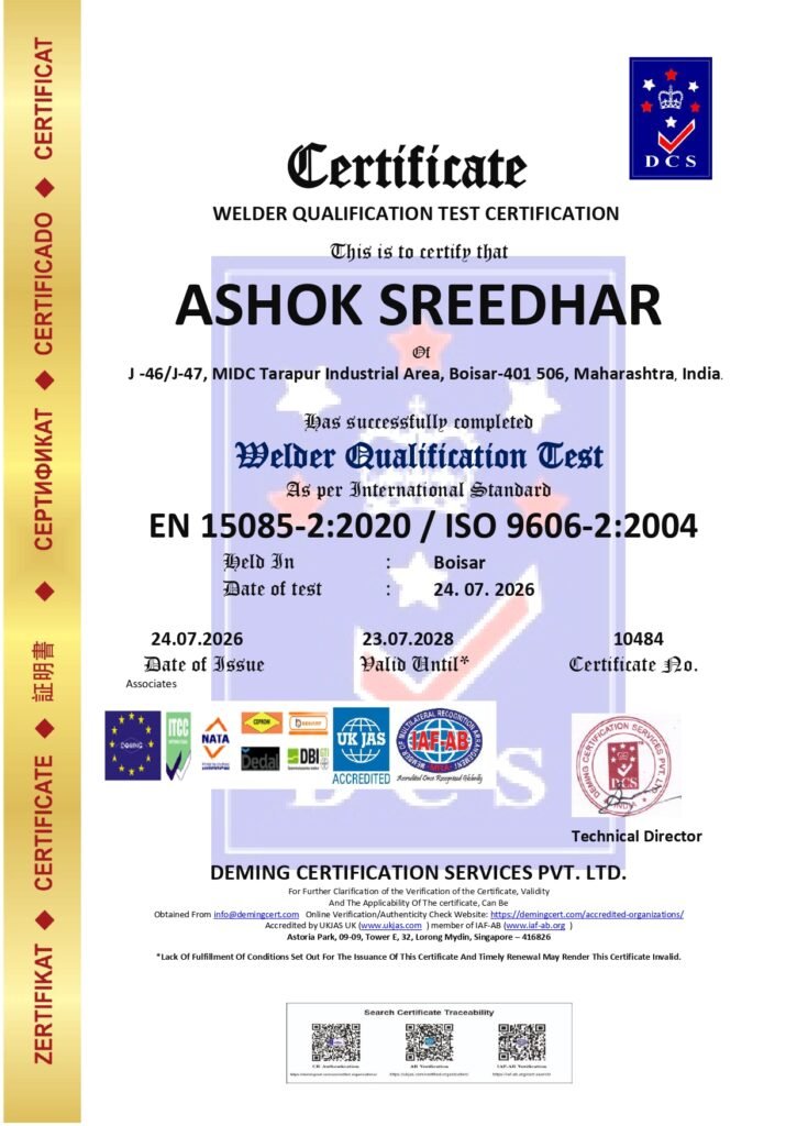 Official DCS Welder Qualification Test Certification document awarded to Ashok Sreedhar of J-46/J-47, MIDC Tarapur Industrial Area, Boisar under EN 15085-2:2020 and ISO 9606-2:2004 standards, showing certificate number 10484, issue date 24.07.2026, and QR verification codes.