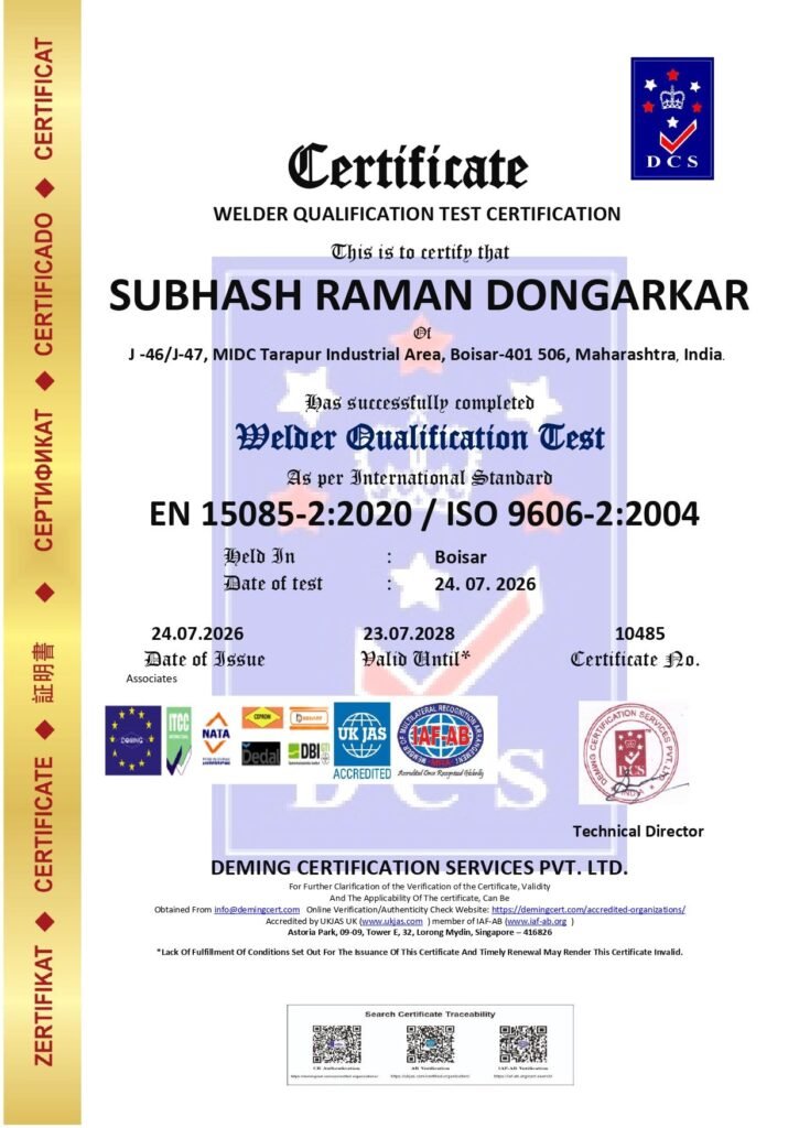 Official DCS Welder Qualification Test Certification document awarded to Subhash Raman Dongarkar of J-46/J-47, MIDC Tarapur Industrial Area, Boisar under EN 15085-2:2020 and ISO 9606-2:2004 standards, showing certificate number 10485, issue date 24.07.2026, and QR verification codes.