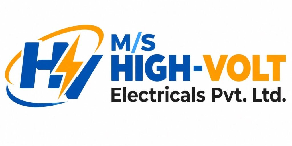 Official corporate logo for M/S High-Volt Electricals Pvt. Ltd., featuring stylized blue and orange lettermarks HV with a lightning bolt graphic inside an orbital ring, accompanied by bold company text on a plain white background.