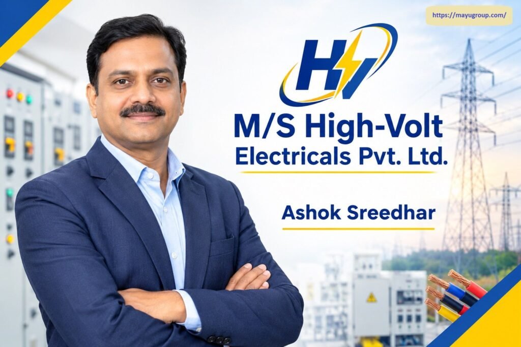 Professional portrait graphic of Ashok Sreedhar wearing a dark suit with arms crossed, set alongside the corporate logo for M/S High-Volt Electricals Pvt. Ltd., electrical cables, power line towers, and control panels.
