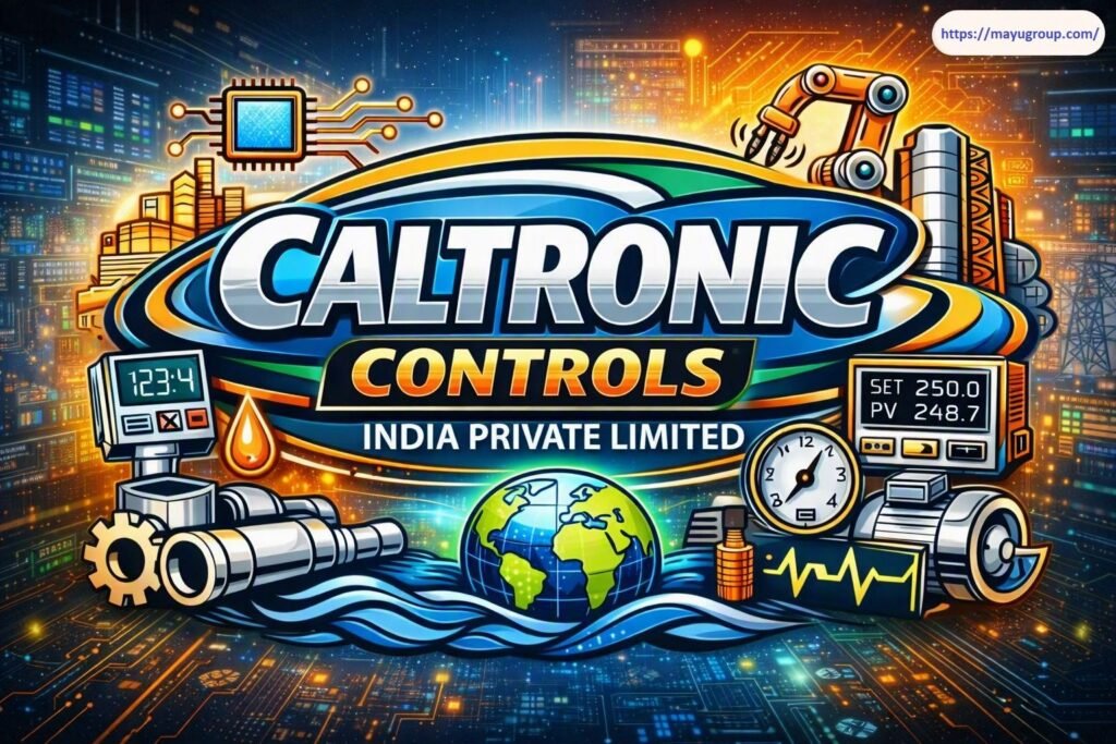 Official corporate logo of Caltronic Controls India Private Limited featuring bold white "CALTRONIC" text over an orange and blue emblem, surrounded by industrial control illustrations, including circuit microchips, robotic arms, digital displays, pressure gauges, electric motors, and a terrestrial globe.