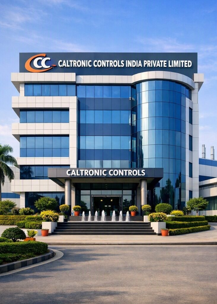 Exterior view of the modern multi-story Caltronic Controls India Private Limited corporate facility featuring blue reflective glass windows, white paneling, rooftop company signage, a entrance canopy with water fountain jets, and manicured landscaping under a clear sky.