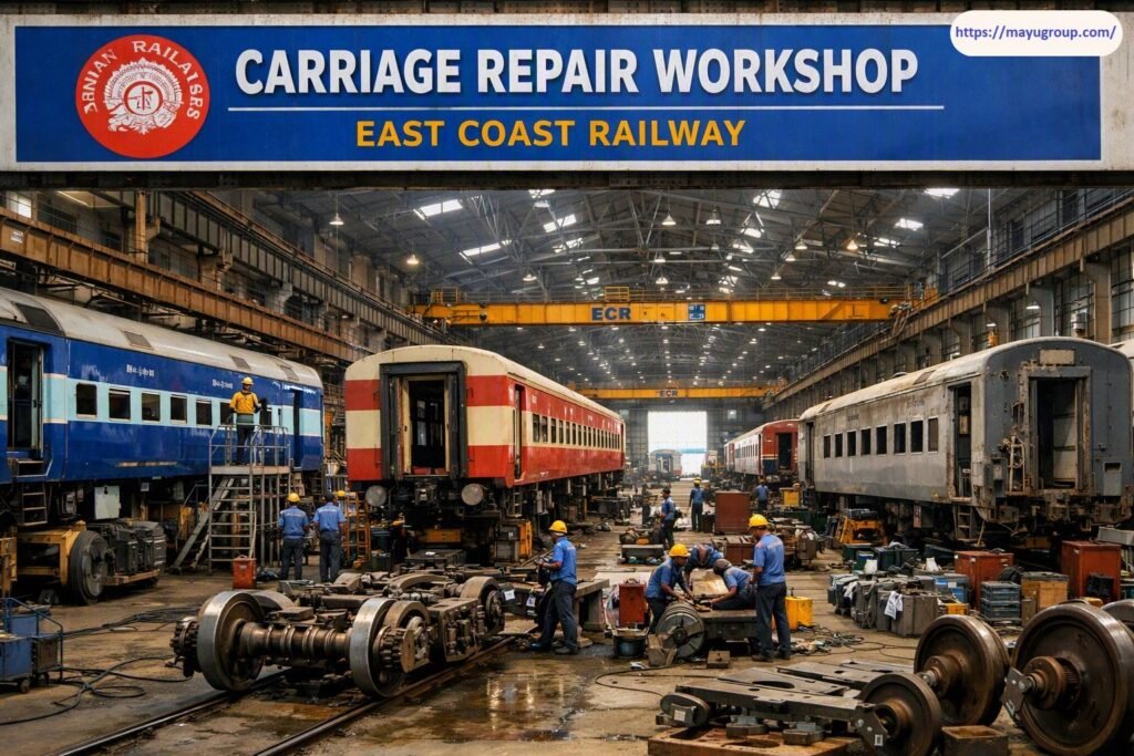 Interior view of the East Coast Railway Carriage Repair Workshop featuring railway coaches undergoing maintenance, technicians in safety gear working on bogies and wheels, and overhead yellow gantry cranes under prominent facility signage.