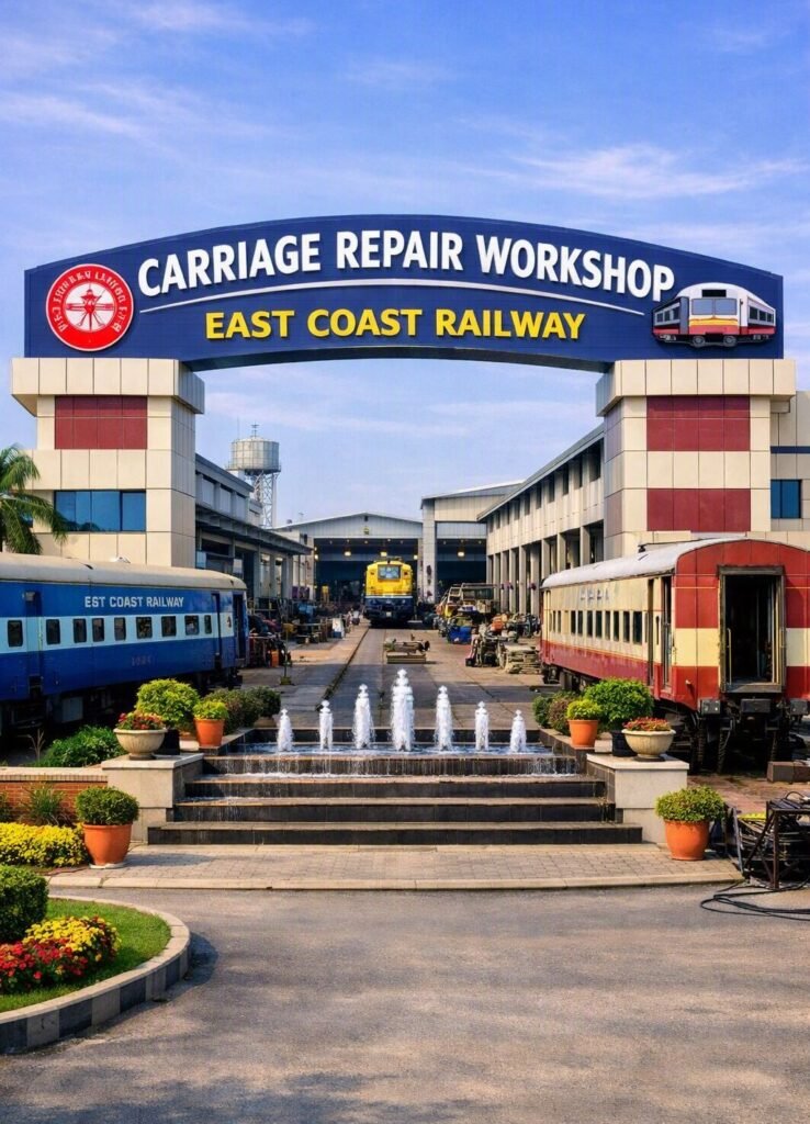 Exterior entrance view of the East Coast Railway Carriage Repair Workshop featuring a prominent arched entrance sign, water fountains, landscaped flower beds, and train coaches parked along railway tracks leading into maintenance bays.