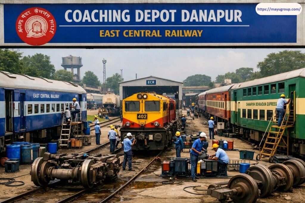 Outdoor maintenance yard view of Coaching Depot Danapur under East Central Railway, featuring railway technicians in safety gear repairing diesel locomotives, passenger train coaches, wheelsets, and track infrastructure beneath a large facility header sign.