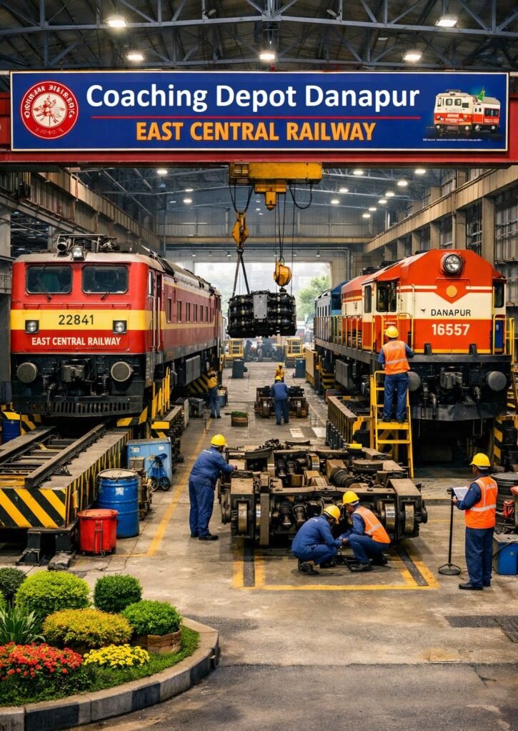 Interior maintenance bay view of Coaching Depot Danapur under East Central Railway, featuring technicians servicing red and yellow electric and diesel locomotives, an overhead crane lifting heavy machinery, and workers assembling train bogies under facility signage.