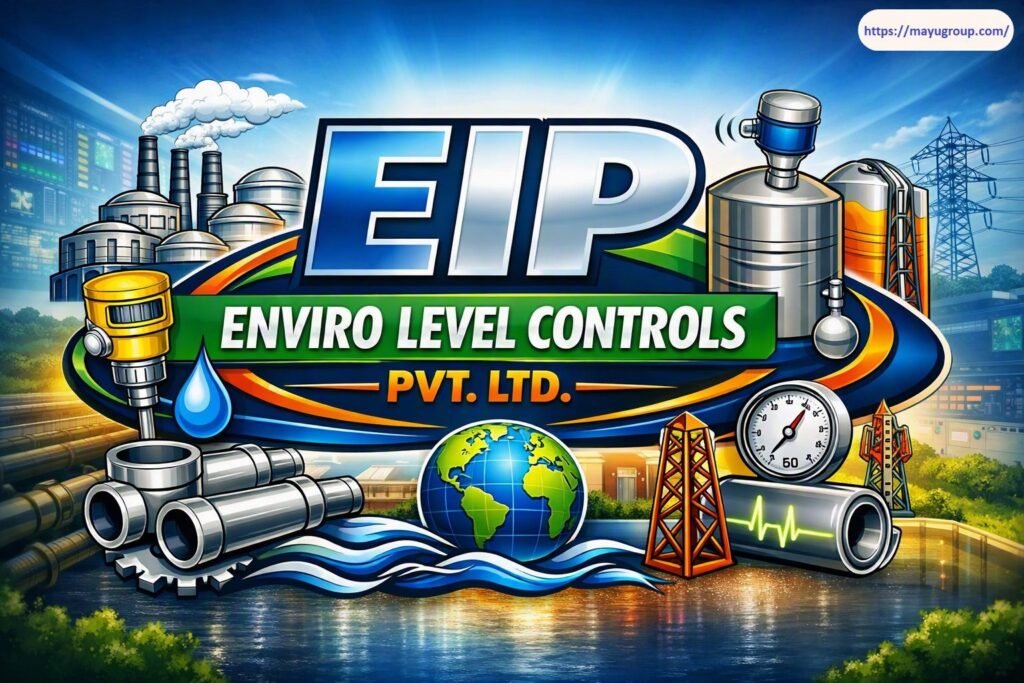 Official corporate logo of EIP Enviro Level Controls Pvt. Ltd. featuring bold blue "EIP" typography over a green "ENVIRO LEVEL CONTROLS" banner, surrounded by industrial graphics including storage tanks, level sensors, pipes, pressure gauge, globe, transmission towers, and water waves.