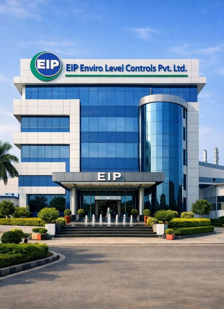 Exterior view of the multi-story EIP Enviro Level Controls Pvt. Ltd. corporate facility building featuring reflective blue glass windows, white paneling, rooftop company branding, a entrance canopy with water fountains, and manicured landscaping under a blue sky.