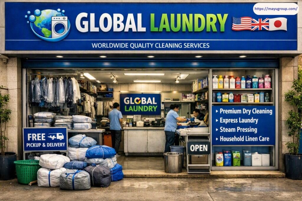 Storefront exterior of Global Laundry featuring a blue sign with international flags, stacked laundry bundles, shelves of cleaning detergents, service listing boards for premium dry cleaning, and staff working inside the shop entrance.