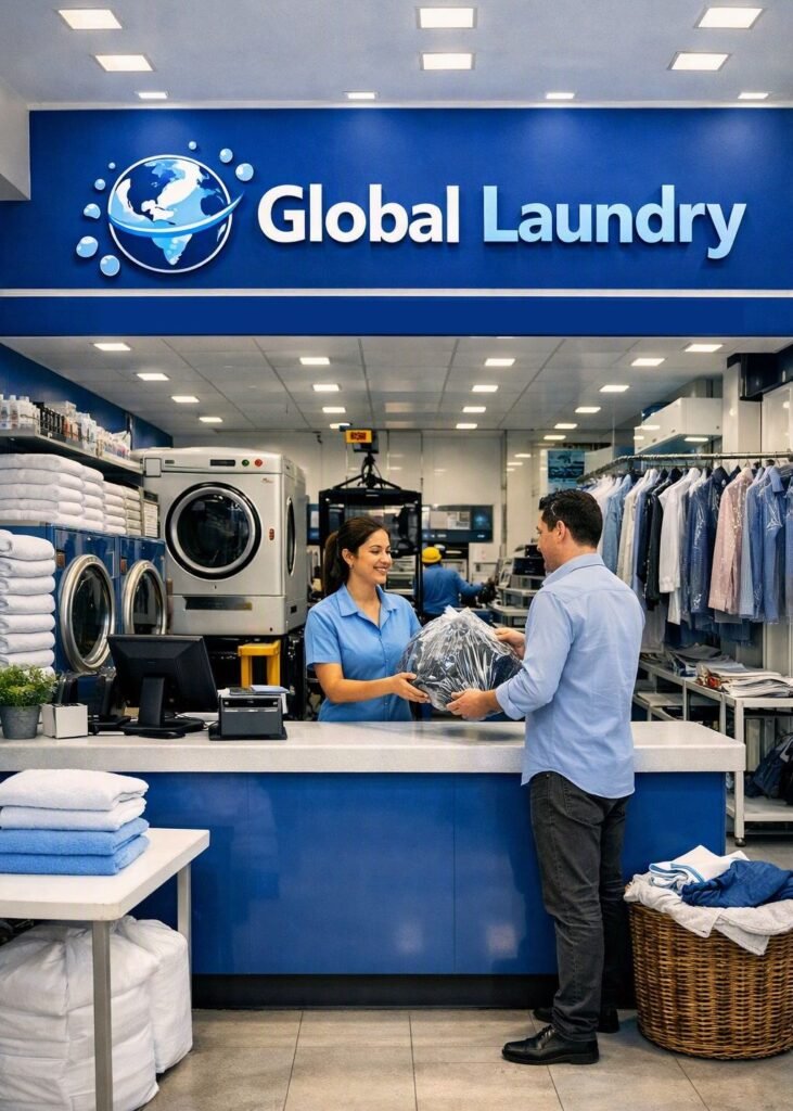 Interior service counter view at Global Laundry, where a female staff member hands packaged dry-cleaned garments to a male customer beneath prominent blue wall branding, flanked by commercial washing machines, folded towels, and hung clothing racks.