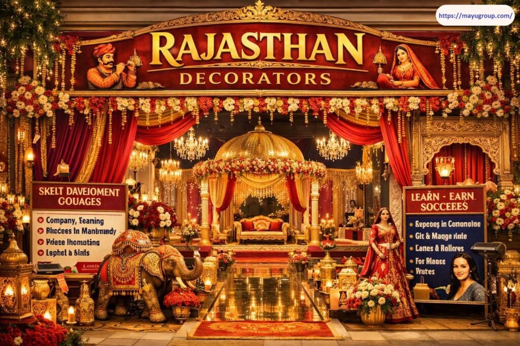 Ornate grand wedding stage entrance setup for Rajasthan Decorators featuring traditional Rajasthani royal archways, red and gold drapery, floral garlands, warm chandeliers, a decorative caparisoned elephant statue, and promotional banners.