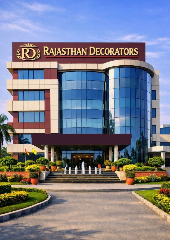 Exterior view of the multi-story Rajasthan Decorators headquarters facility featuring blue reflective glass windows, white and maroon paneling, rooftop company signage with an RD crest logo, an entrance canopy with water fountains, and manicured garden landscaping under a clear sky.