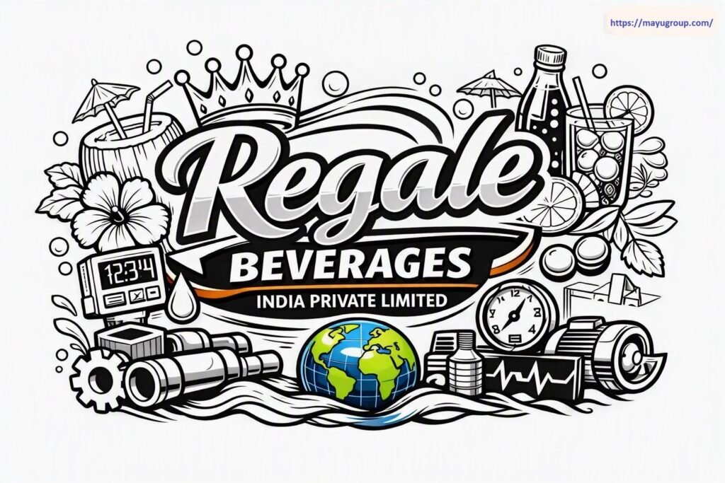 Official corporate logo illustration for Regale Beverages India Private Limited featuring bold script typography topped with a royal crown, surrounded by beverage doodles such as coconut drinks, soda bottles, and citrus cocktails, alongside industrial process graphics, a central globe, and water waves.