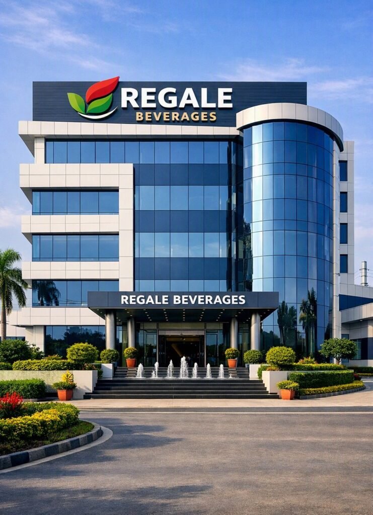 Exterior view of the multi-story Regale Beverages corporate facility building featuring blue reflective glass windows, white paneling, rooftop company branding with a leaf logo, an entrance canopy with water fountains, and manicured landscaping under a clear sky.