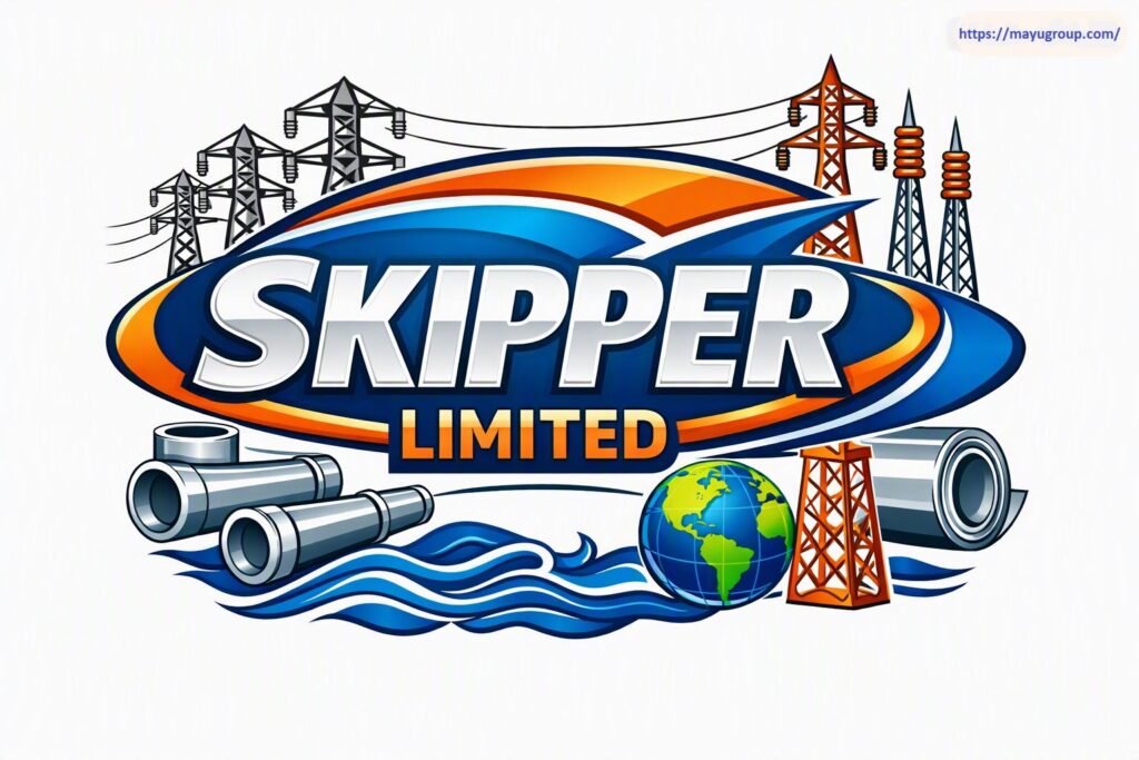 Official corporate logo of Skipper Limited set against a white background, featuring high-voltage electrical transmission towers, industrial steel pipes, a globe, an orange transmission tower, rolled sheet metal, and blue water wave graphics surrounding bold white typography.