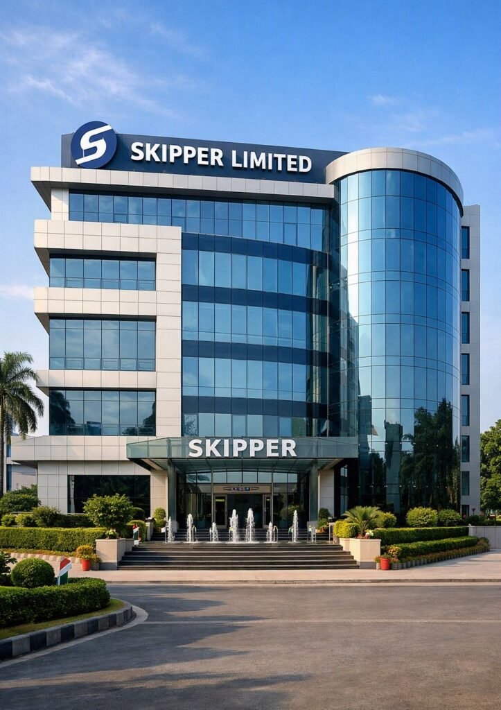 Exterior view of the modern multi-story Skipper Limited corporate headquarters building featuring reflective blue glass facade windows, white paneling, rooftop company branding, a curved glass corner tower, water fountains, and manicured landscaping under a clear sky.