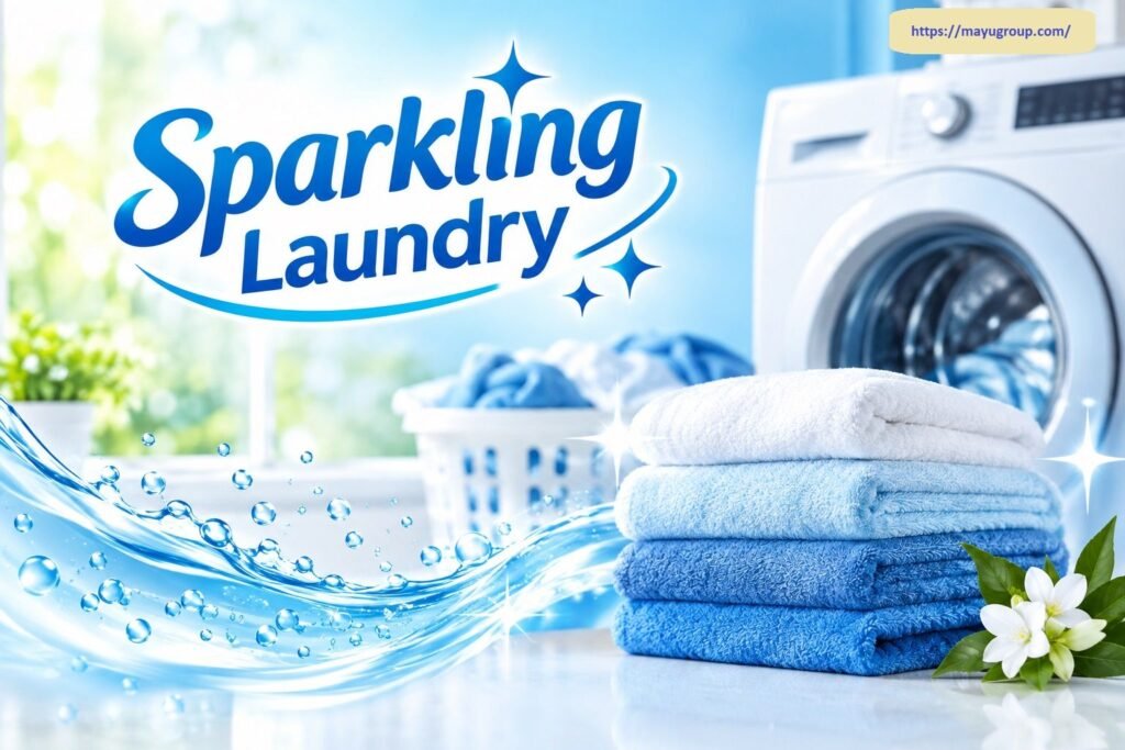 Official promotional advertisement for Sparkling Laundry featuring stylized blue brand typography, water splash effects, a stack of freshly folded blue and white towels with white flowers, and a modern front-load washing machine in the background.