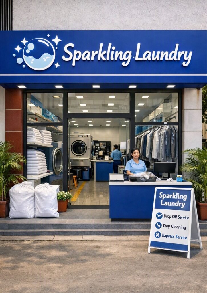Storefront view of Sparkling Laundry featuring an illuminated blue signboard, a female employee seated at the front counter desk, stacked laundry sacks, shelves with folded linens, hung dry-cleaned clothing, and an A-frame sign detailing drop-off and express services.