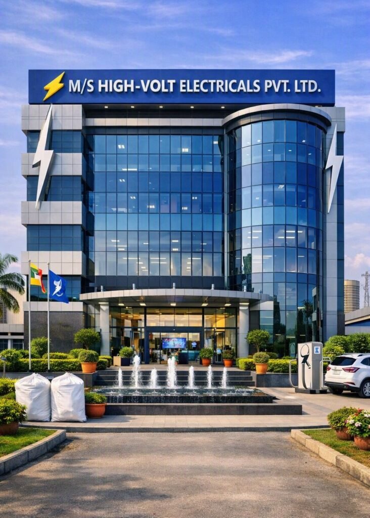 Exterior view of the multi-story corporate headquarters building of M/S HIGH-VOLT ELECTRICALS PVT. LTD., featuring a glass facade, prominent rooftop signage, large white lightning bolt accents, entrance water fountains, EV charging stations, and potted landscaping.