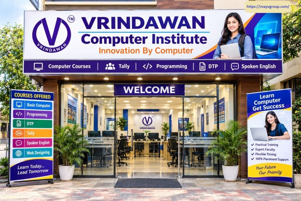Exterior store-front view of Vrindawan Computer Institute featuring a large white and purple signboard, clear glass sliding doors displaying the interior computer lab setup, potted plants, and promotional standees advertising courses in Programming, Tally, DTP, and Spoken English.