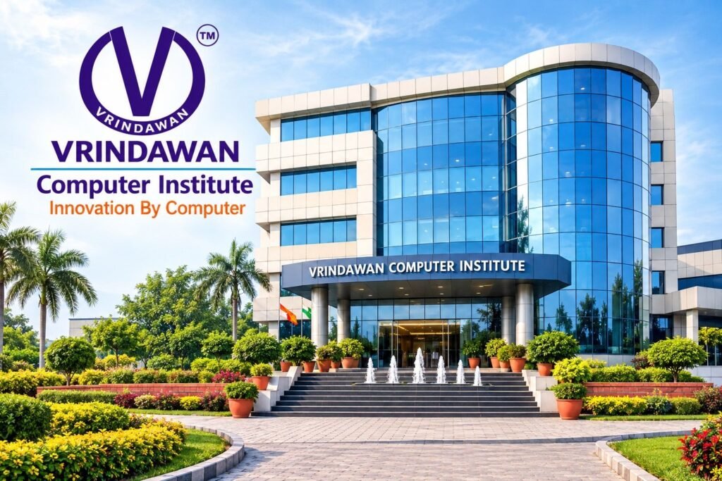 Exterior view of the multi-story Vrindawan Computer Institute campus building featuring blue glass windows, white cladding, a curved glass corner tower, entrance water fountains, manicured garden landscaping, and a prominent corporate logo overlay.