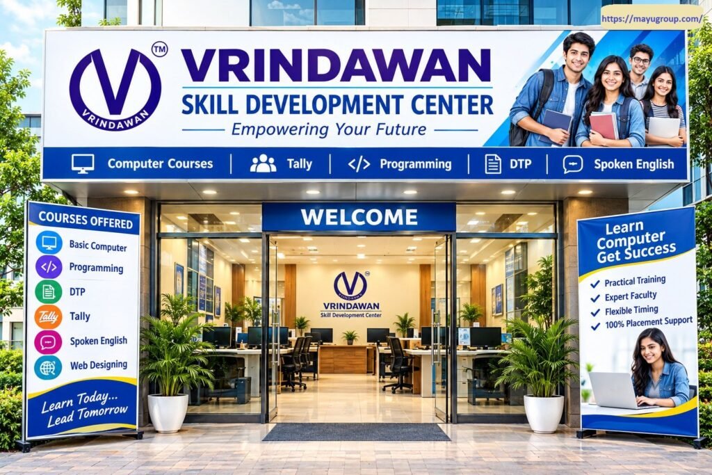Exterior storefront view of Vrindawan Skill Development Center featuring a large white and blue main sign, glass entrance doors revealing an interior computer lab setup, potted plants, and promotional standees advertising courses in Computer Basics, Programming, Tally, DTP, and Spoken English.