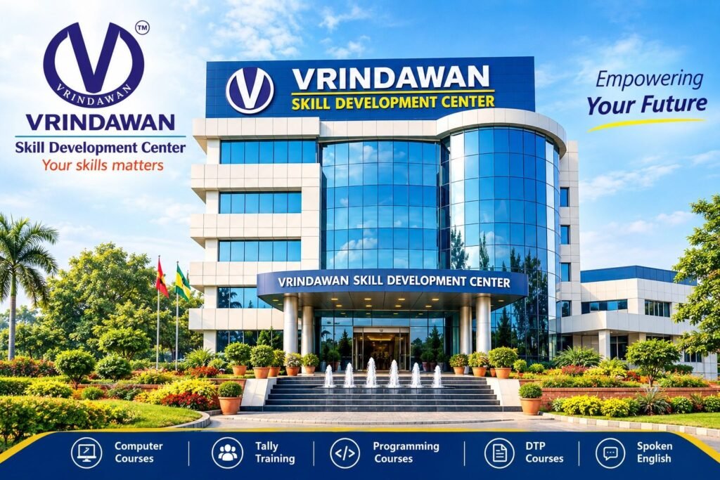 Exterior view of the multi-story Vrindawan Skill Development Center campus building featuring blue glass windows, white cladding, a curved glass corner tower, entrance water fountains, landscaped gardens, and overlaid corporate branding with course categories.