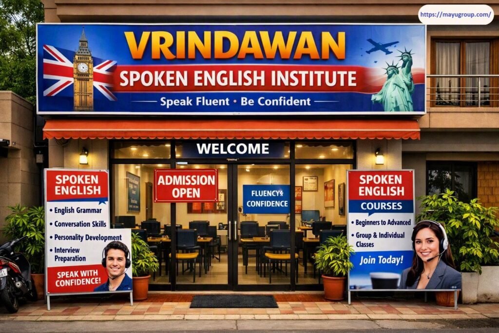 Exterior storefront view of Vrindawan Spoken English Institute featuring a blue main banner with Big Ben and the Statue of Liberty graphics, glass double doors showing interior classroom desks, potted plants, and promotional standees detailing course topics like English Grammar and Interview Preparation.