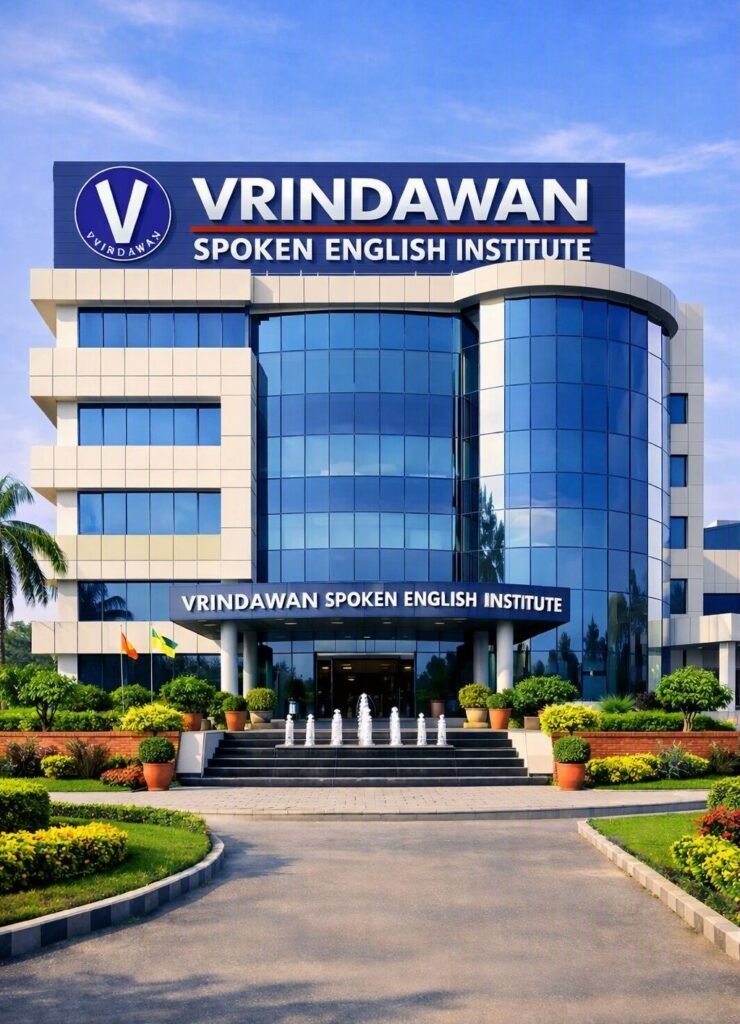 Exterior view of the multi-story Vrindawan Spoken English Institute campus building featuring blue glass windows, white cladding, a curved glass corner tower, entrance water fountains, landscaped gardens, and prominent rooftop institutional signage.